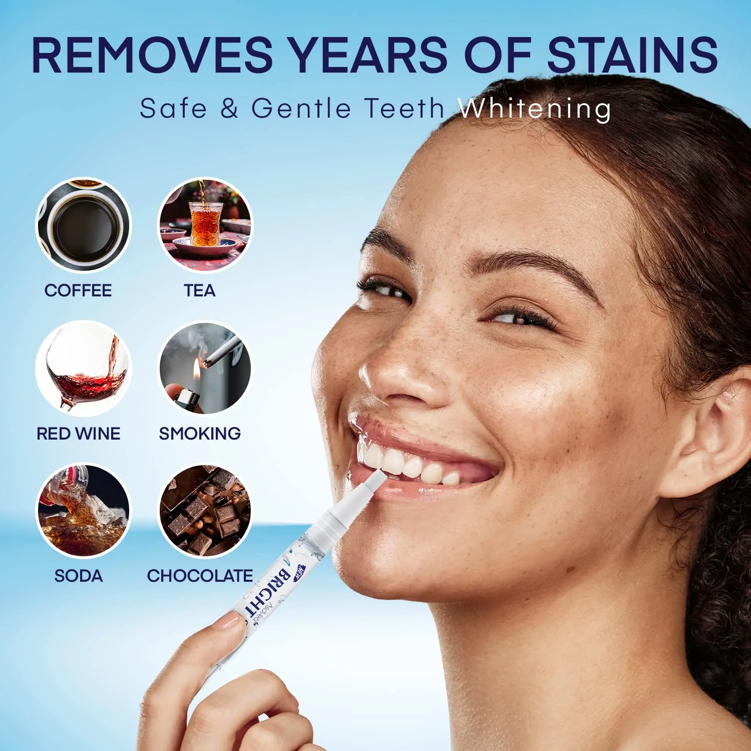 Four teeth whitening pens in packaging promise a beautiful white smile with minty freshness and no sensitivity, perfect for removing years of stains from coffee, tea, or smoking, and travel-friendly.