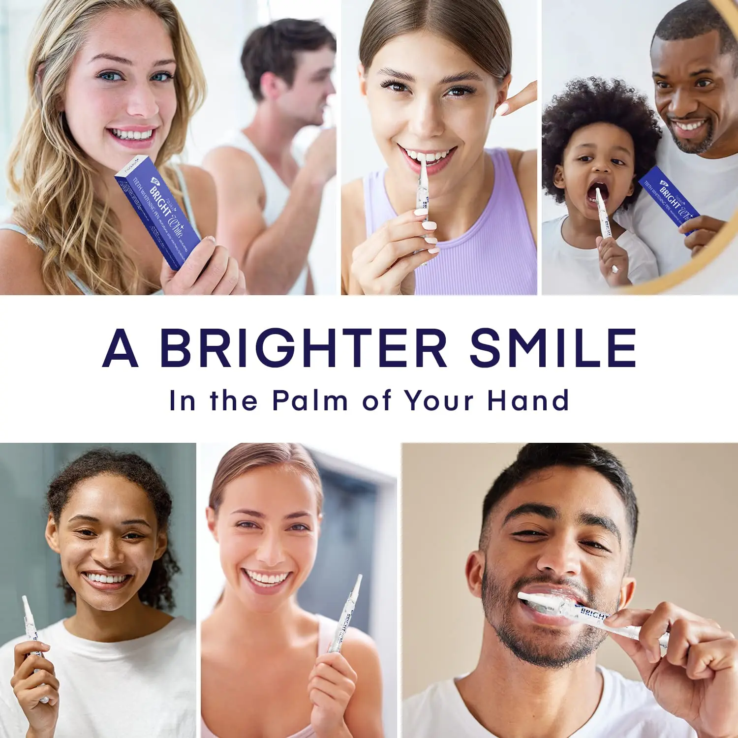 Four teeth whitening pens in packaging promise a beautiful white smile with minty freshness and no sensitivity, perfect for removing years of stains from coffee, tea, or smoking, and travel-friendly.