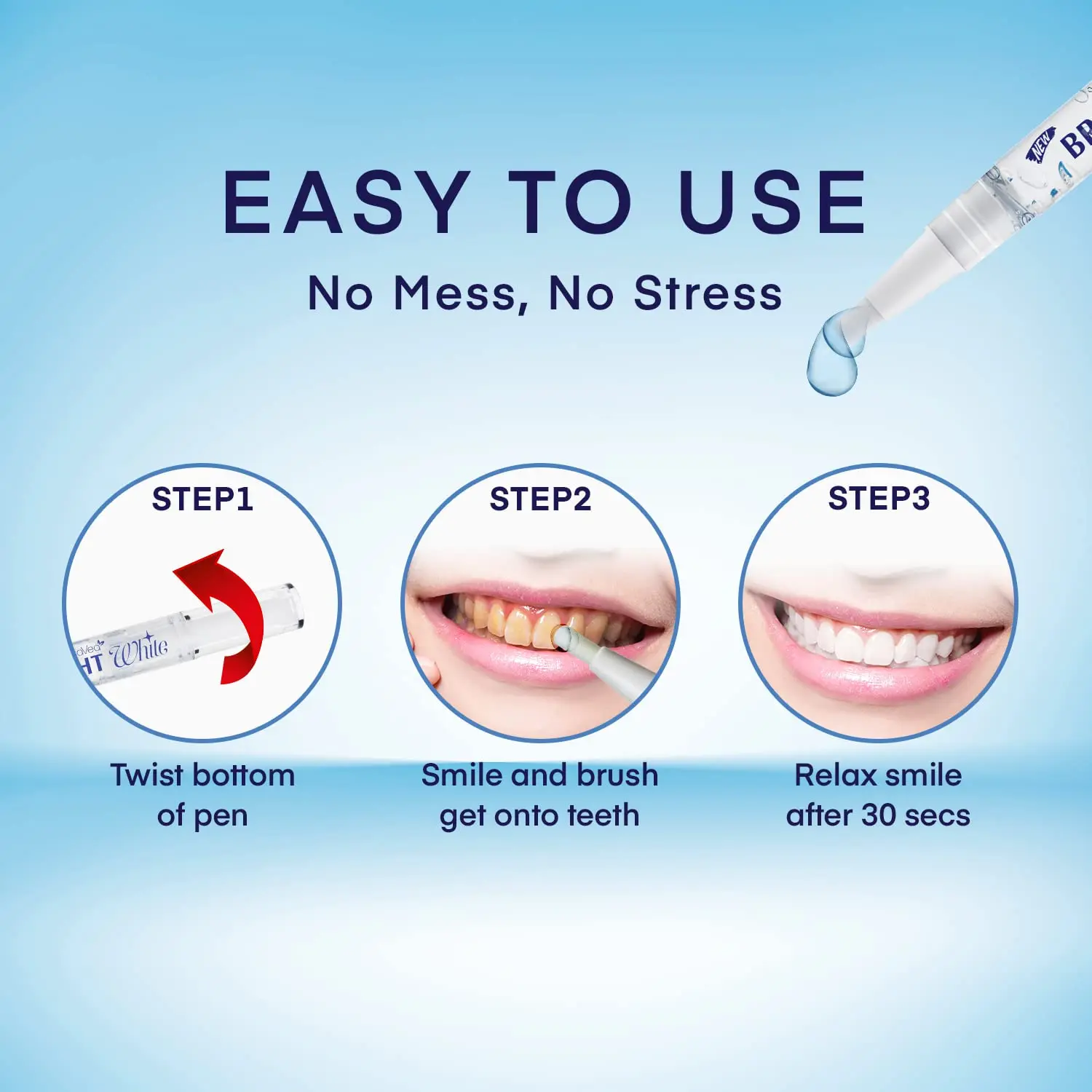 Four teeth whitening pens in packaging promise a beautiful white smile with minty freshness and no sensitivity, perfect for removing years of stains from coffee, tea, or smoking, and travel-friendly.