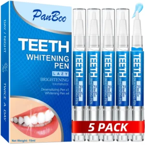 The teeth whitening pen kit includes four whitening pens and one desensitizing pen for a painless, effective way to remove tough stains and achieve a whiter smile in one to two weeks.