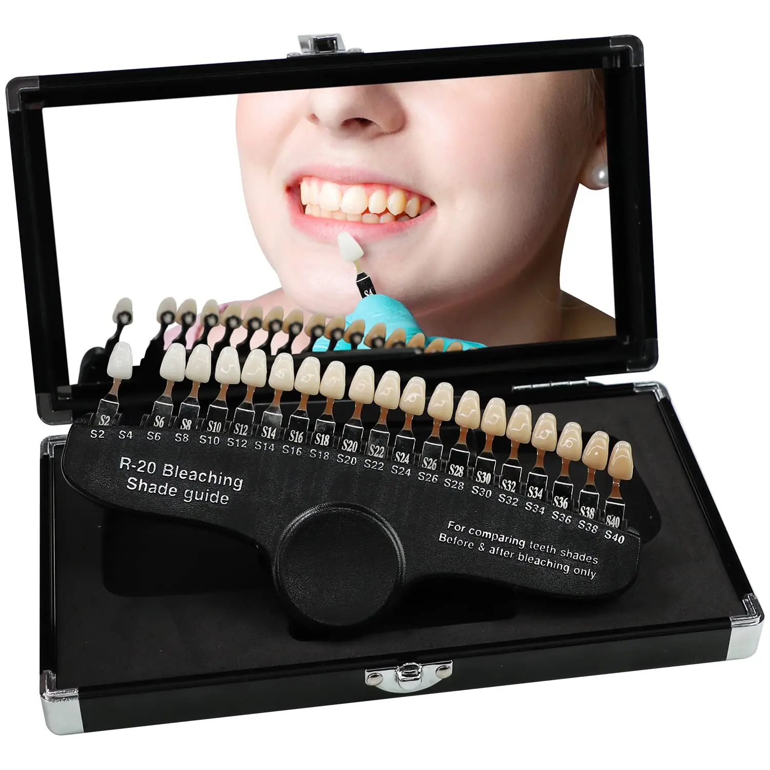 The EZGO professional dental teeth whitening shade guide with 20 colors helps dentists track and compare whitening effects before and after bleaching.