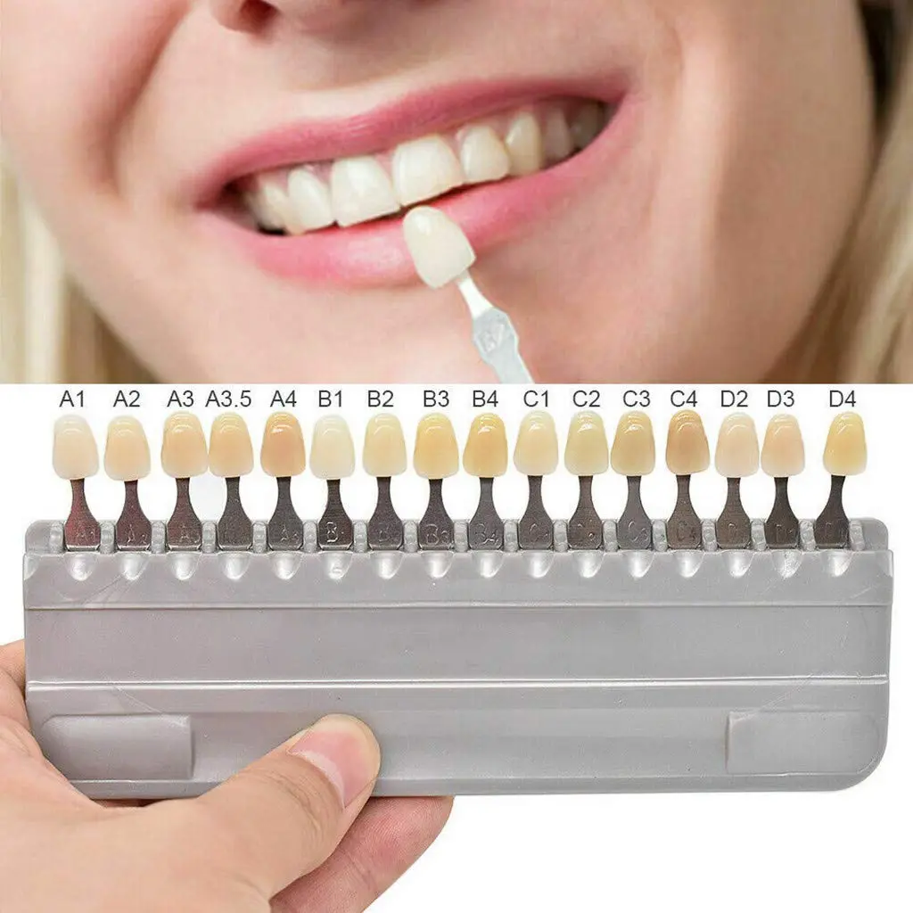This 3D teeth whitening shade guide features 16 colors for accurate shade matching before and after dental bleaching procedures.