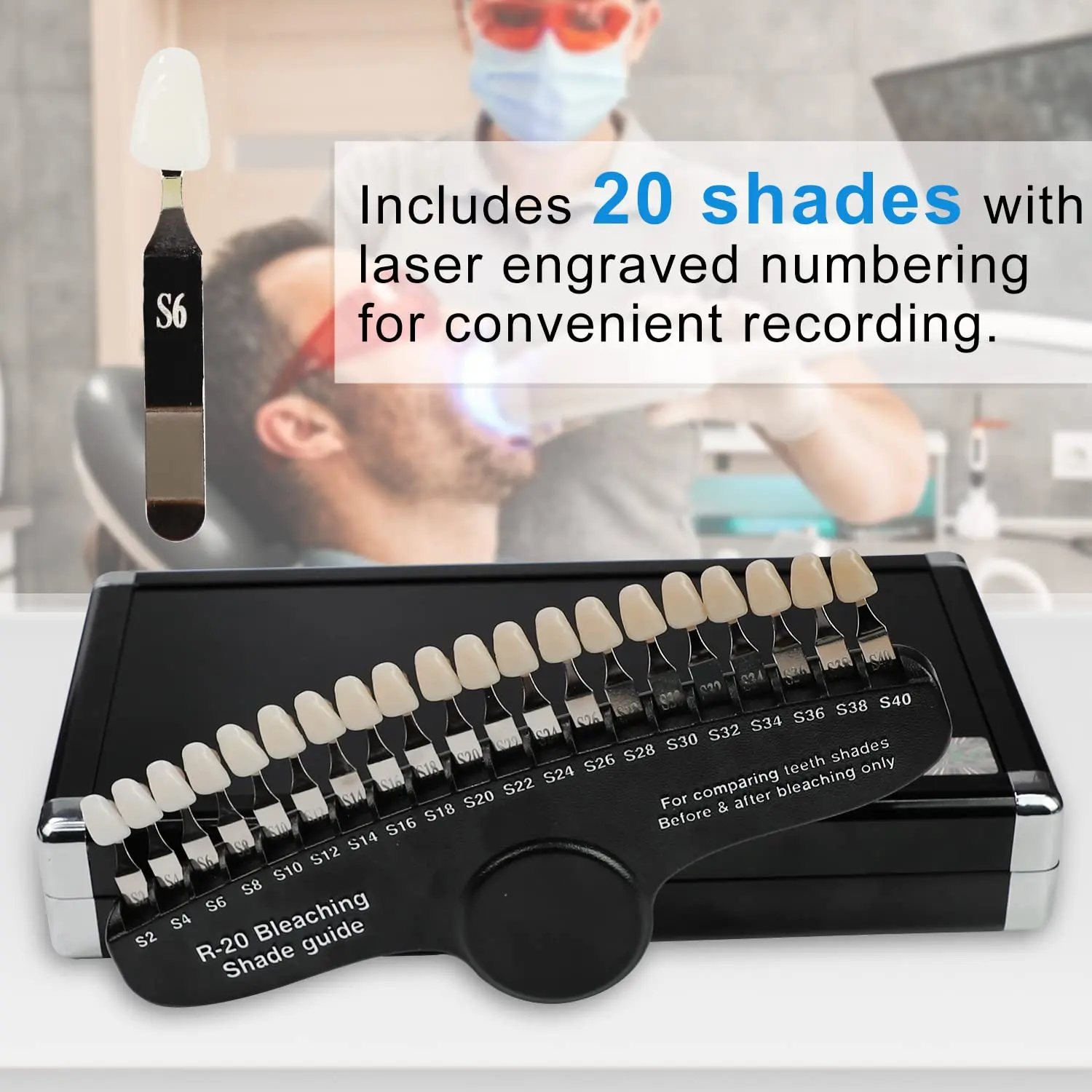 The EZGO professional dental teeth whitening shade guide with 20 colors helps dentists track and compare whitening effects before and after bleaching.