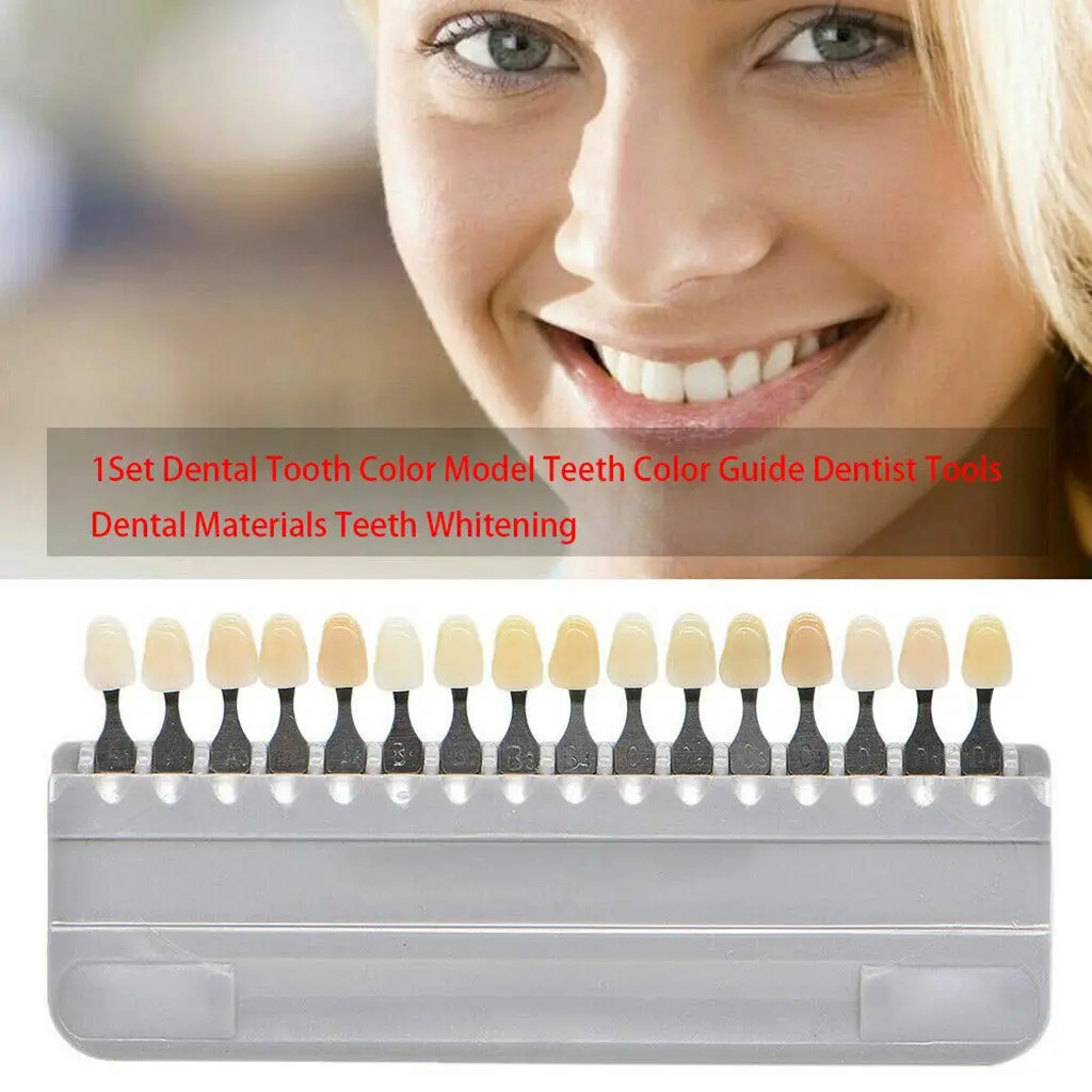 This 3D teeth whitening shade guide features 16 colors for accurate shade matching before and after dental bleaching procedures.