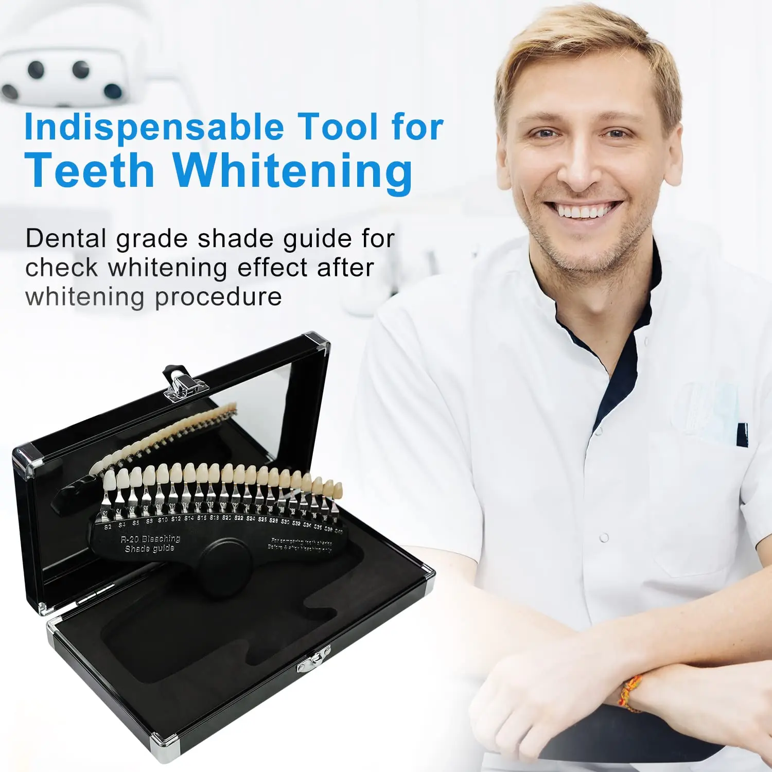 The EZGO professional dental teeth whitening shade guide with 20 colors helps dentists track and compare whitening effects before and after bleaching.