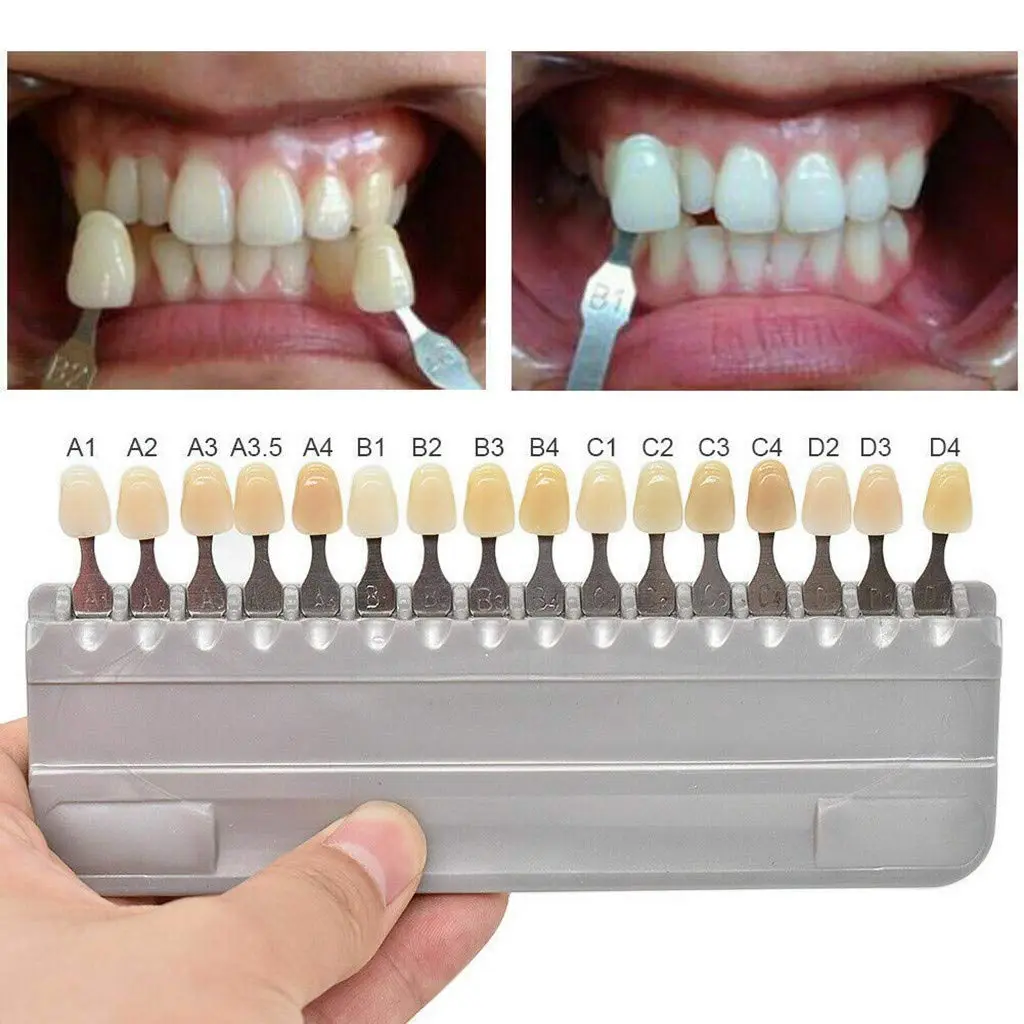 This 3D teeth whitening shade guide features 16 colors for accurate shade matching before and after dental bleaching procedures.