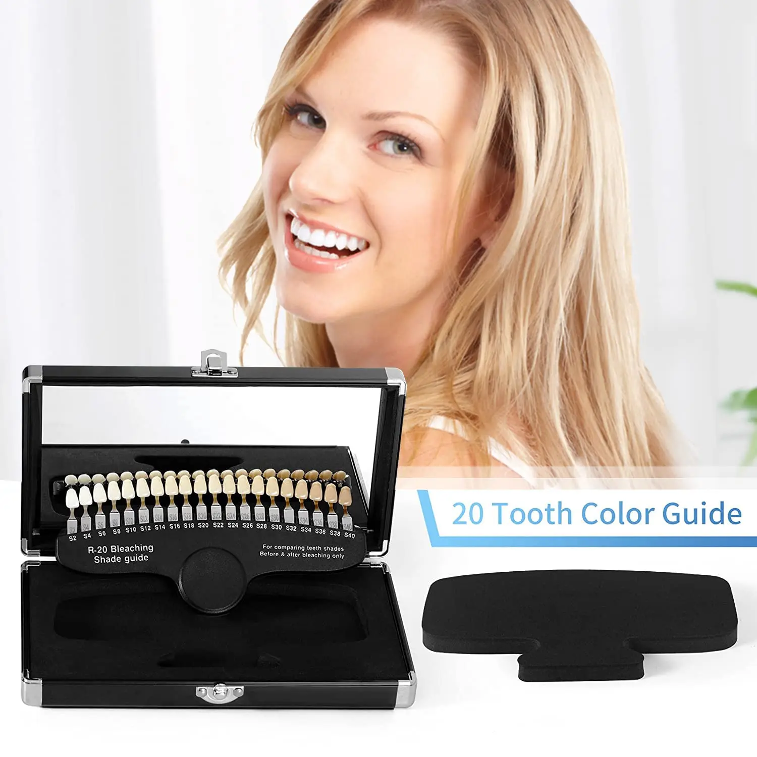 The EZGO professional dental teeth whitening shade guide with 20 colors helps dentists track and compare whitening effects before and after bleaching.