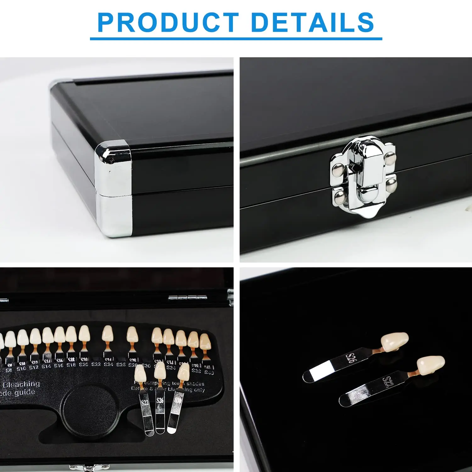 The EZGO professional dental teeth whitening shade guide with 20 colors helps dentists track and compare whitening effects before and after bleaching.