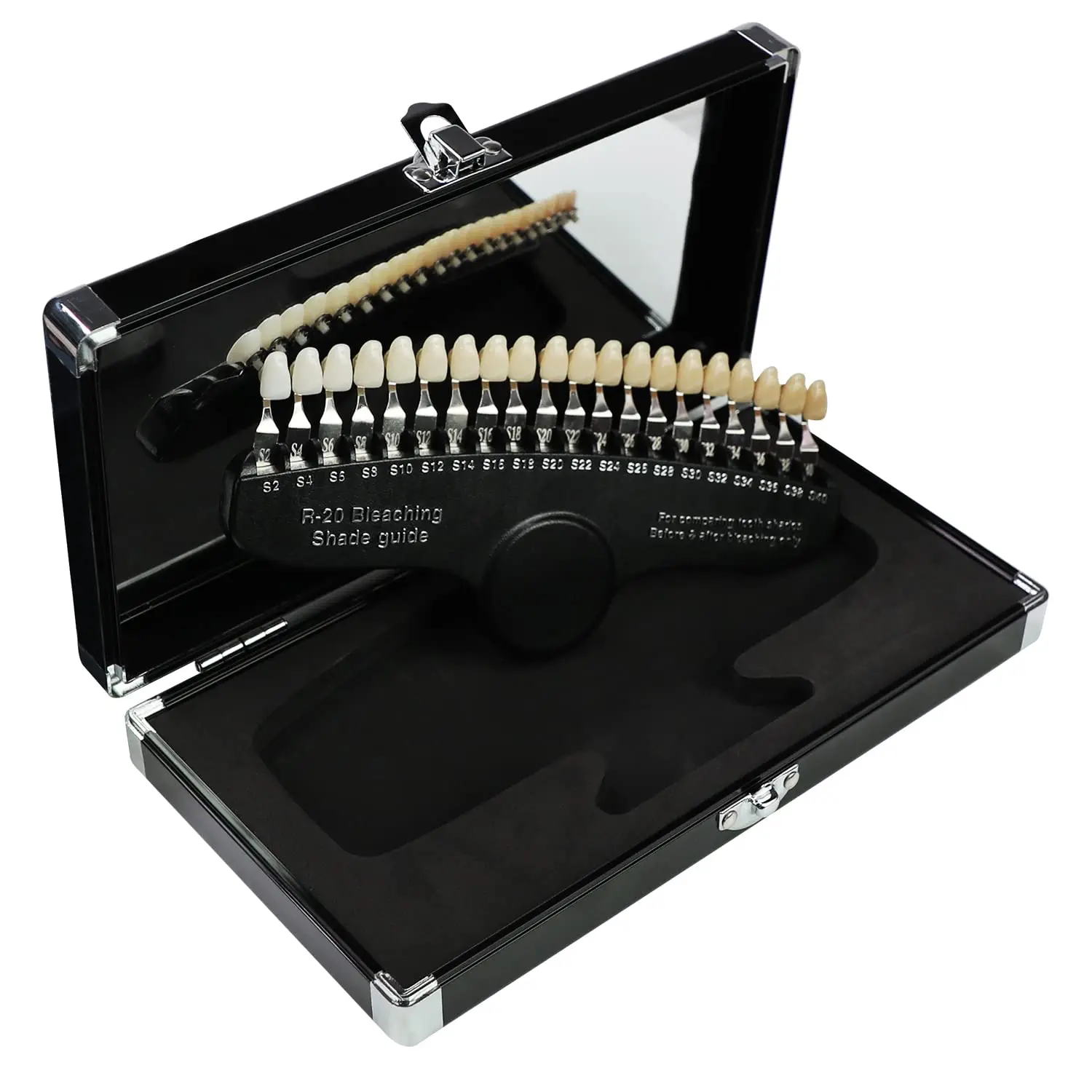 The EZGO professional dental teeth whitening shade guide with 20 colors helps dentists track and compare whitening effects before and after bleaching.