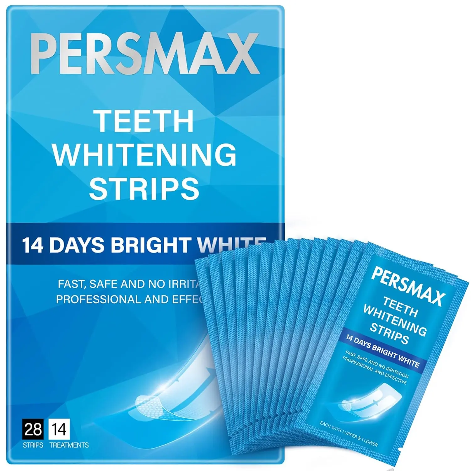 Close-up of PERSMAX teeth whitening strips being applied to teeth for a brighter smile in 14 days, formulated to be gentle on sensitive teeth and enamel.