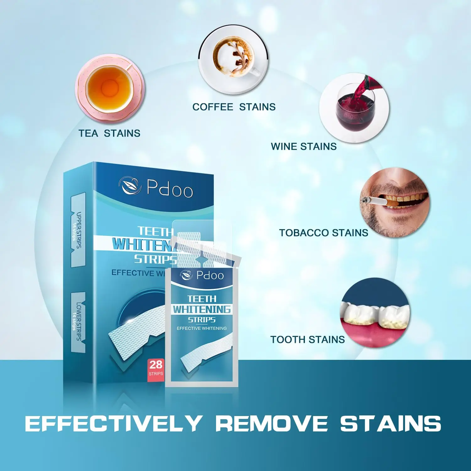 This image shows teeth whitening strips designed for sensitive teeth, promising professional whitening results at home by removing coffee, wine, and smoking stains effectively.