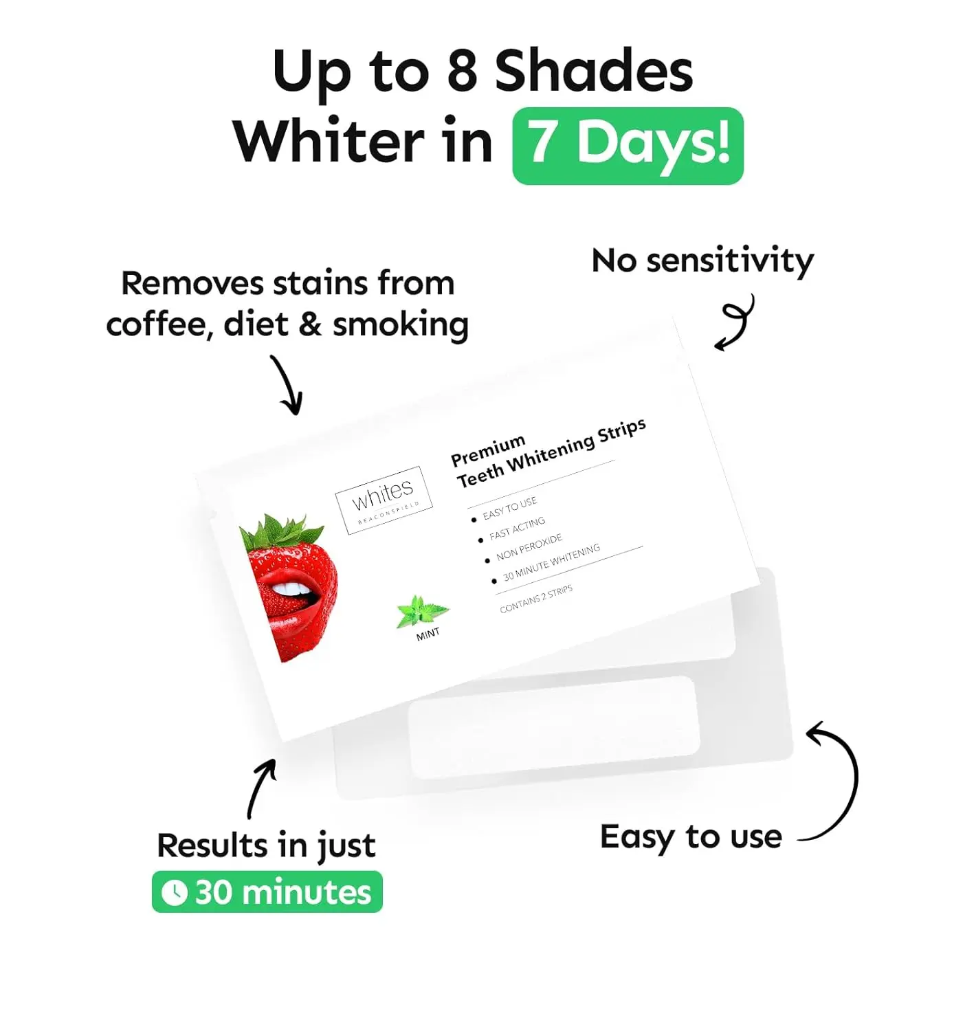 Whites Beaconsfield teeth whitening strips offer a gentle, non-peroxide formula safe for enamel and sensitive teeth, removing stains from coffee, wine, and smoking for a brighter smile in 14 days.