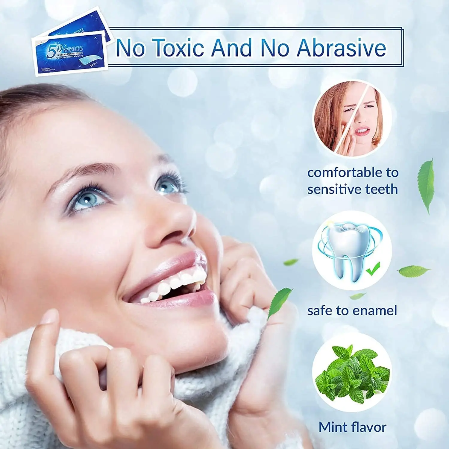 Close-up of teeth whitening strips, included for a convenient teeth cleaning at home.