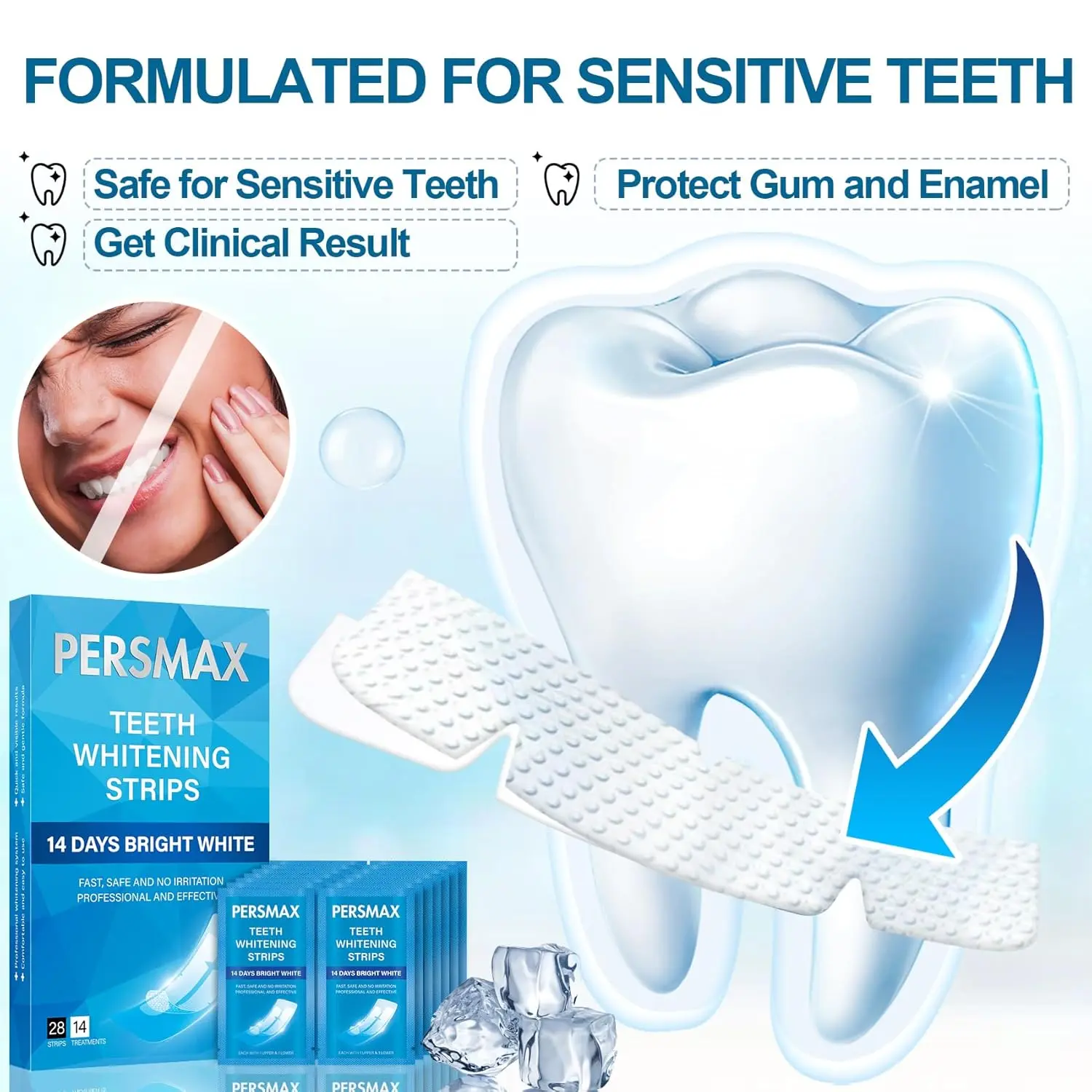 Close-up of PERSMAX teeth whitening strips being applied to teeth for a brighter smile in 14 days, formulated to be gentle on sensitive teeth and enamel.