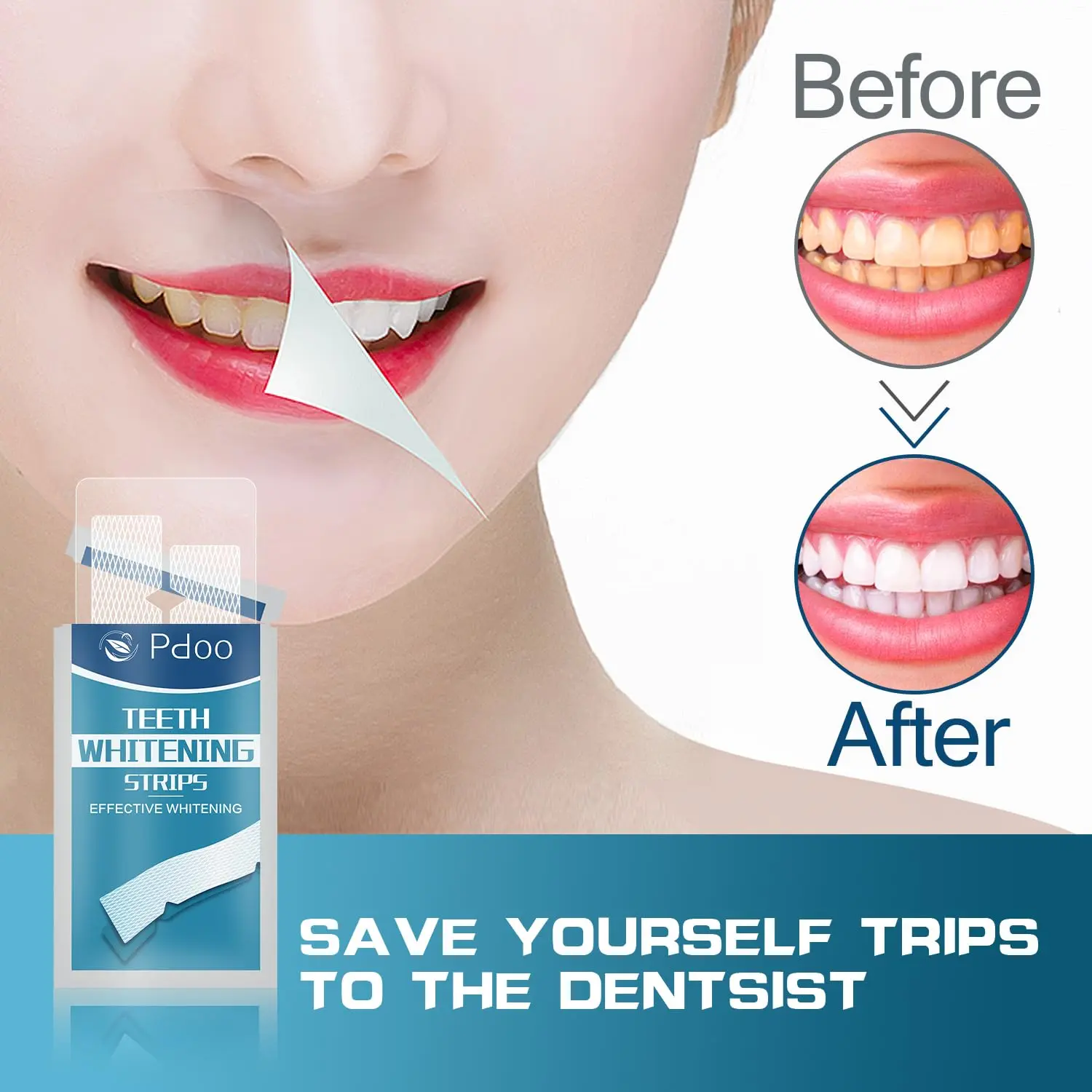 This image shows teeth whitening strips designed for sensitive teeth, promising professional whitening results at home by removing coffee, wine, and smoking stains effectively.