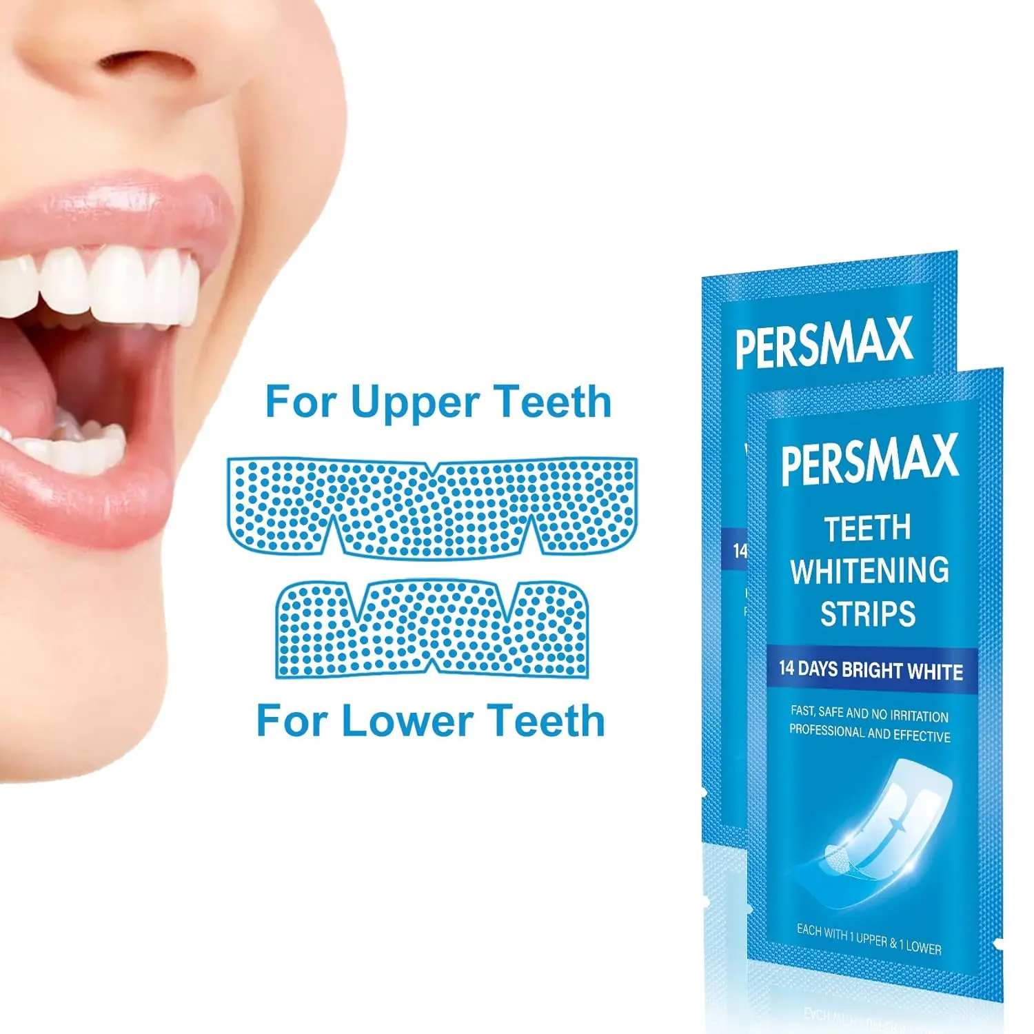 Close-up of PERSMAX teeth whitening strips being applied to teeth for a brighter smile in 14 days, formulated to be gentle on sensitive teeth and enamel.
