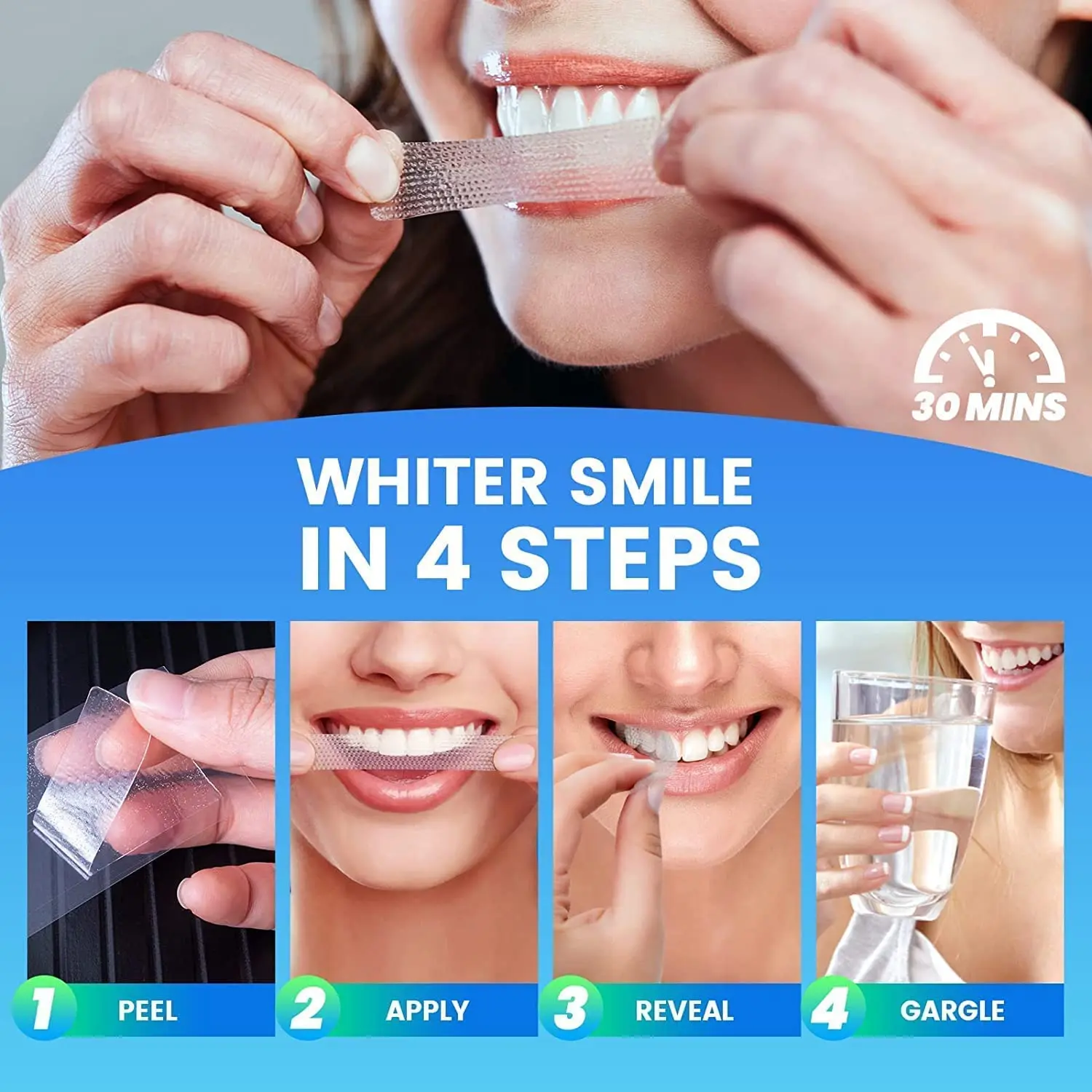 Close-up of teeth whitening strips, included for a convenient teeth cleaning at home.
