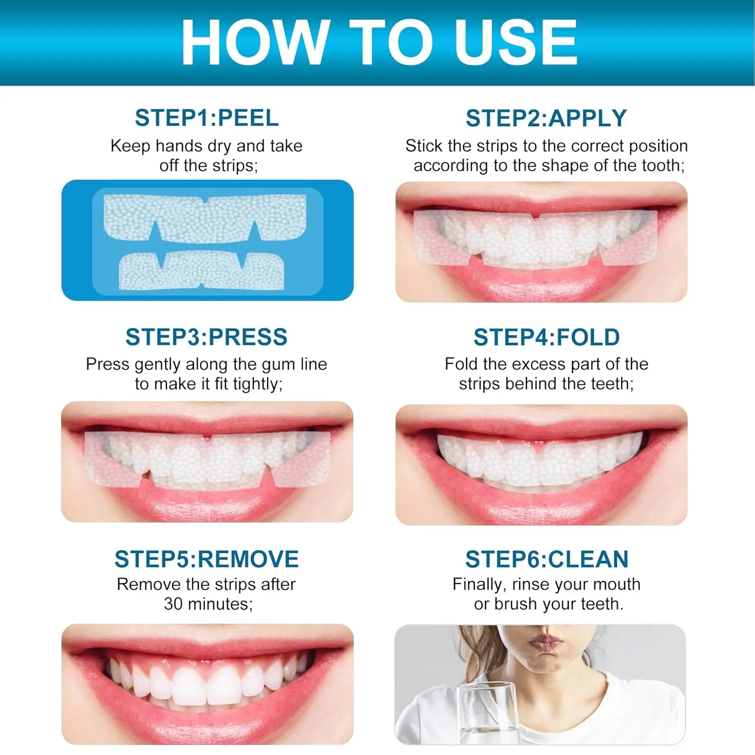 Close-up of PERSMAX teeth whitening strips being applied to teeth for a brighter smile in 14 days, formulated to be gentle on sensitive teeth and enamel.
