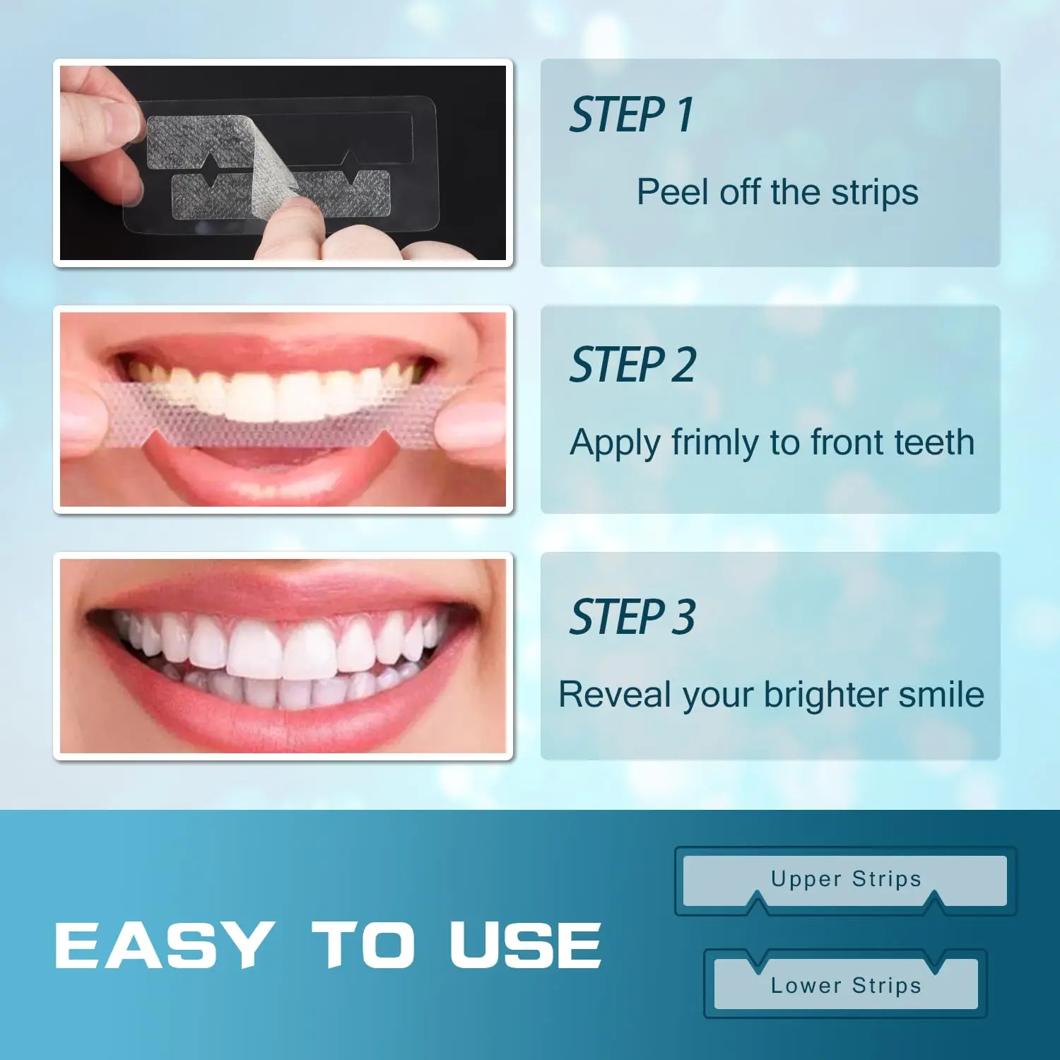 This image shows teeth whitening strips designed for sensitive teeth, promising professional whitening results at home by removing coffee, wine, and smoking stains effectively.