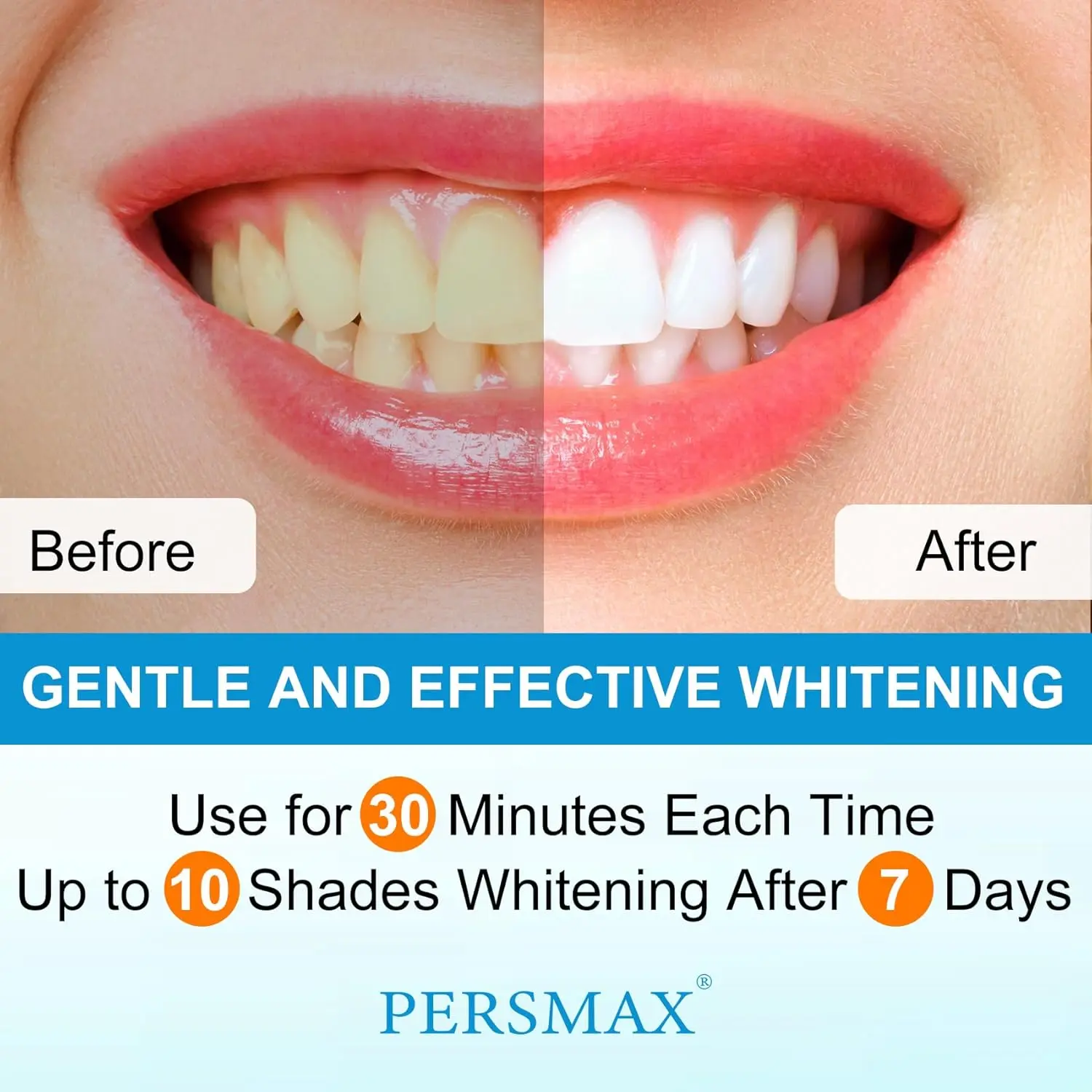 Close-up of PERSMAX teeth whitening strips being applied to teeth for a brighter smile in 14 days, formulated to be gentle on sensitive teeth and enamel.