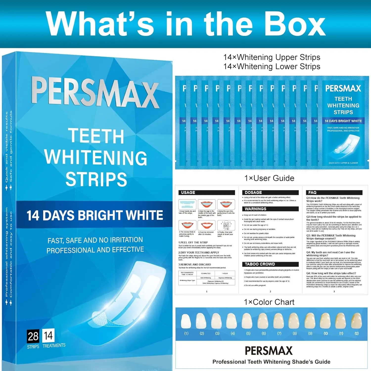 Close-up of PERSMAX teeth whitening strips being applied to teeth for a brighter smile in 14 days, formulated to be gentle on sensitive teeth and enamel.
