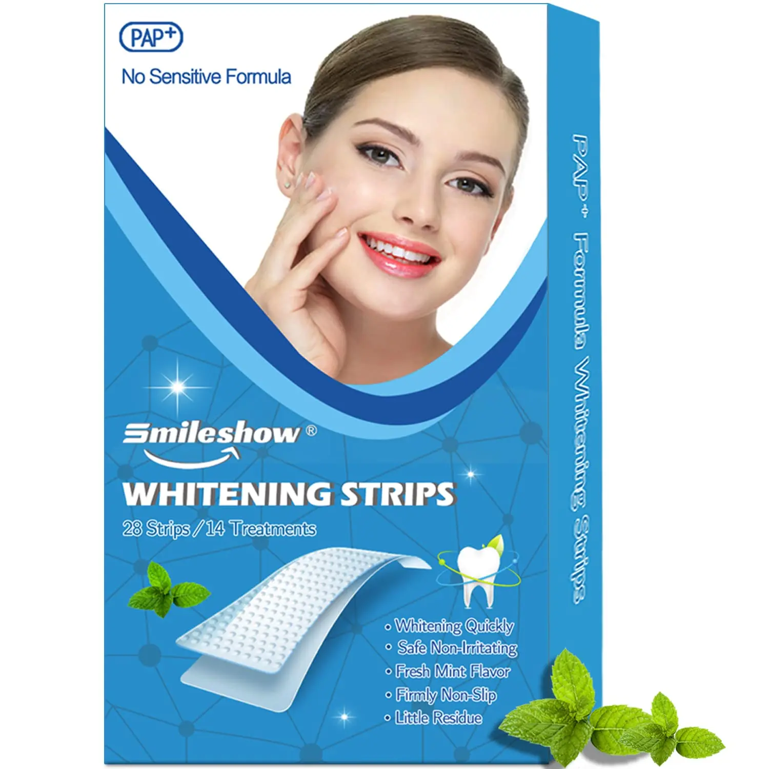 SMILESHOW PAP+ teeth whitening strips gently and effectively remove stains, offering a convenient, enamel-safe solution for sensitive teeth at home.