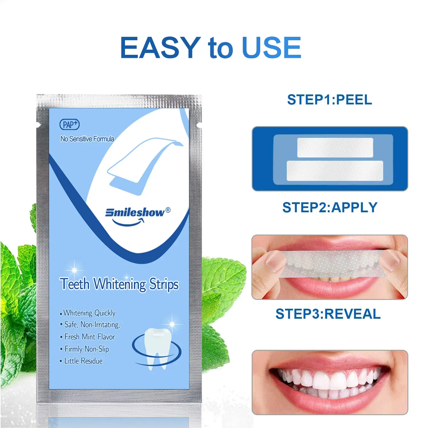SMILESHOW PAP+ teeth whitening strips gently and effectively remove stains, offering a convenient, enamel-safe solution for sensitive teeth at home.