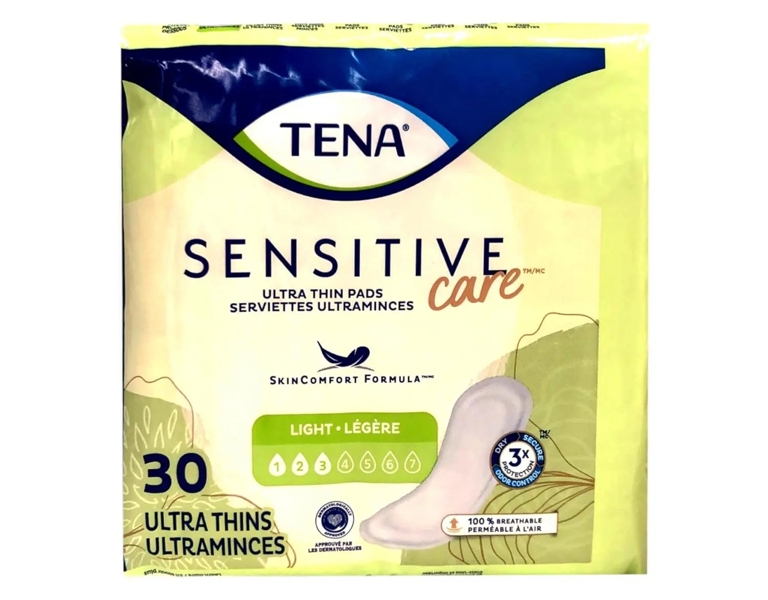 Tena Intimates ultra thin light incontinence pads with 3D Technology to wick away moisture for trusted comfort and ProSkin Technology to promote freshness and skin health, providing Triple Protection against leaks, odor and moisture, in a discreet, 9-inch length.