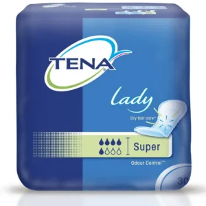 This image shows a pack of TENA Lady Super Pads, with the pack containing 30 pads, for a total of 60 pads in two packs.