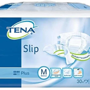 Pack of 30 Tena Medium Slip Plus providing all-in-one protection for medium to heavy urine leakage, featuring FeelDry technology, body-fitting curved leg elastics, Easy Fit design, and a wetness indicator.