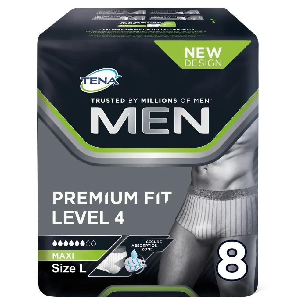 TENA Men Premium Fit Level 4 large protective underwear provides discreet and secure protection with odour control for men.