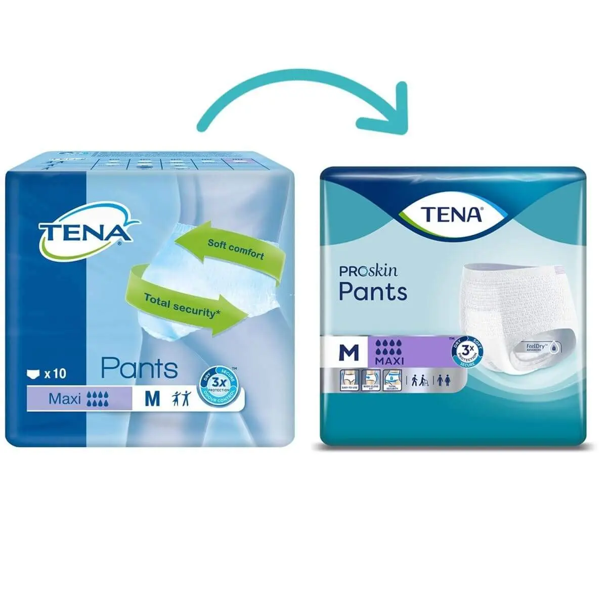 Four packs of Tena Pants Maxi Medium, providing maximum absorbency and secure protection for comfortable and discreet incontinence management.