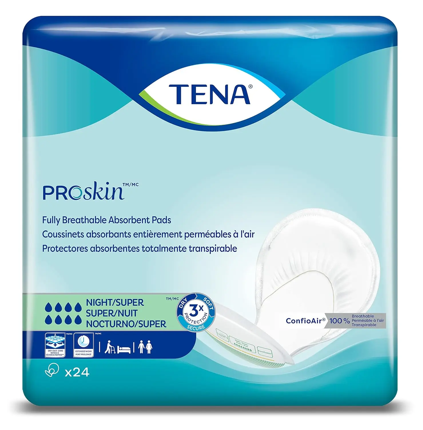 TENA ProSkin Night Super Absorbent Pads provide heavy incontinence protection and feature a dry fast core for skin dryness and ConfioAir breathable technology.