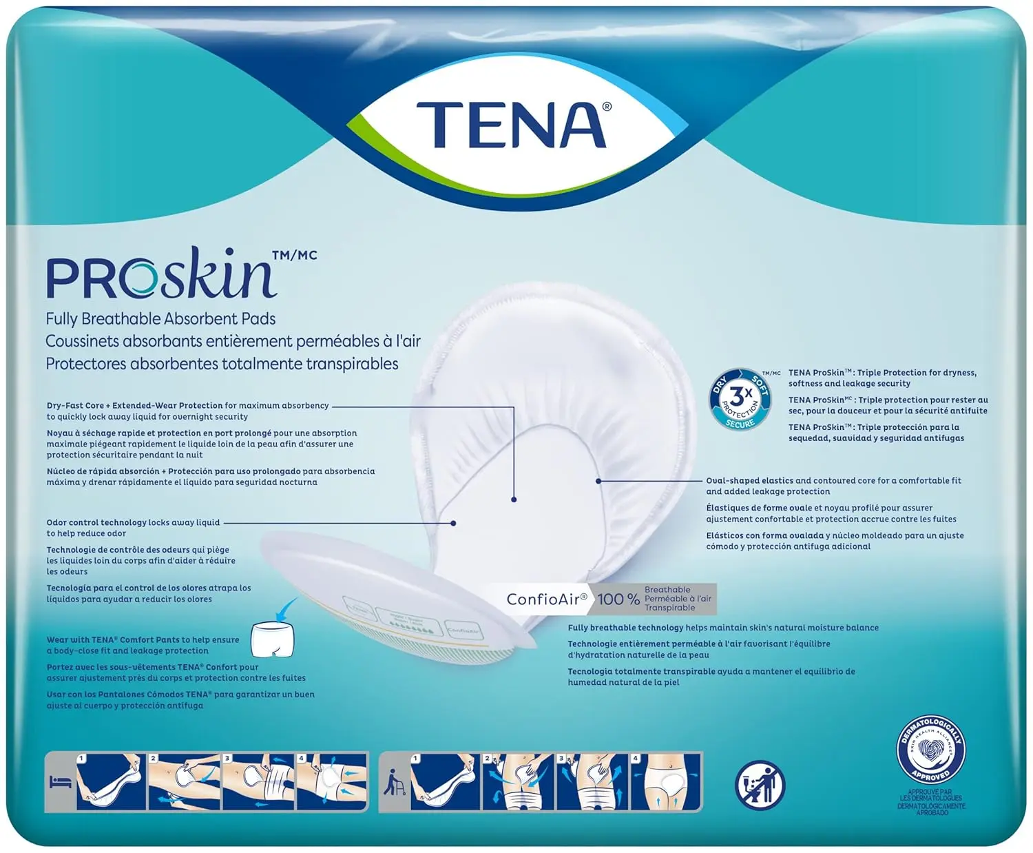TENA ProSkin Night Super Absorbent Pads provide heavy incontinence protection and feature a dry fast core for skin dryness and ConfioAir breathable technology.