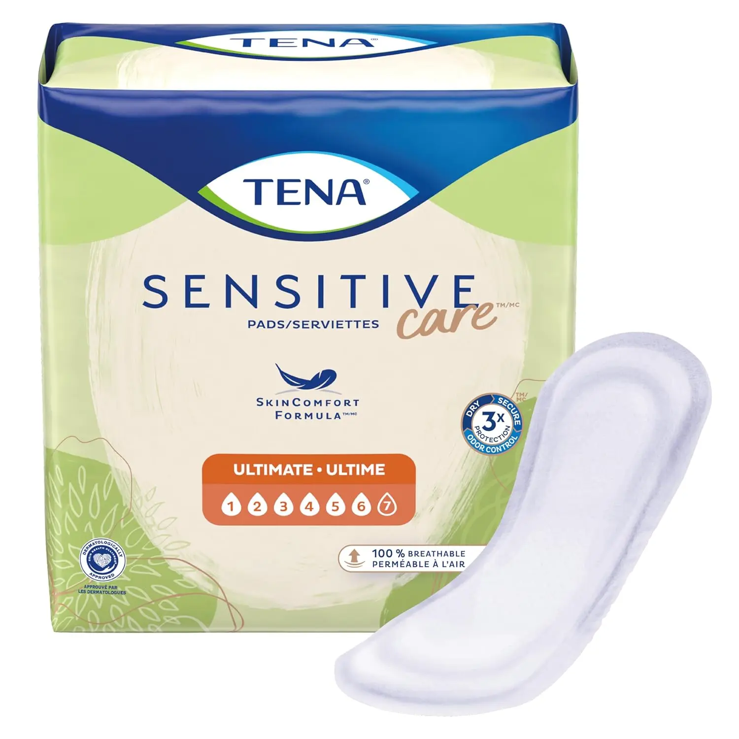 Tena Serenity Ultimate Regular Pads with DRYFAST CORE and lie down protection, offering advanced odor control and individual wrapping for discreet use.
