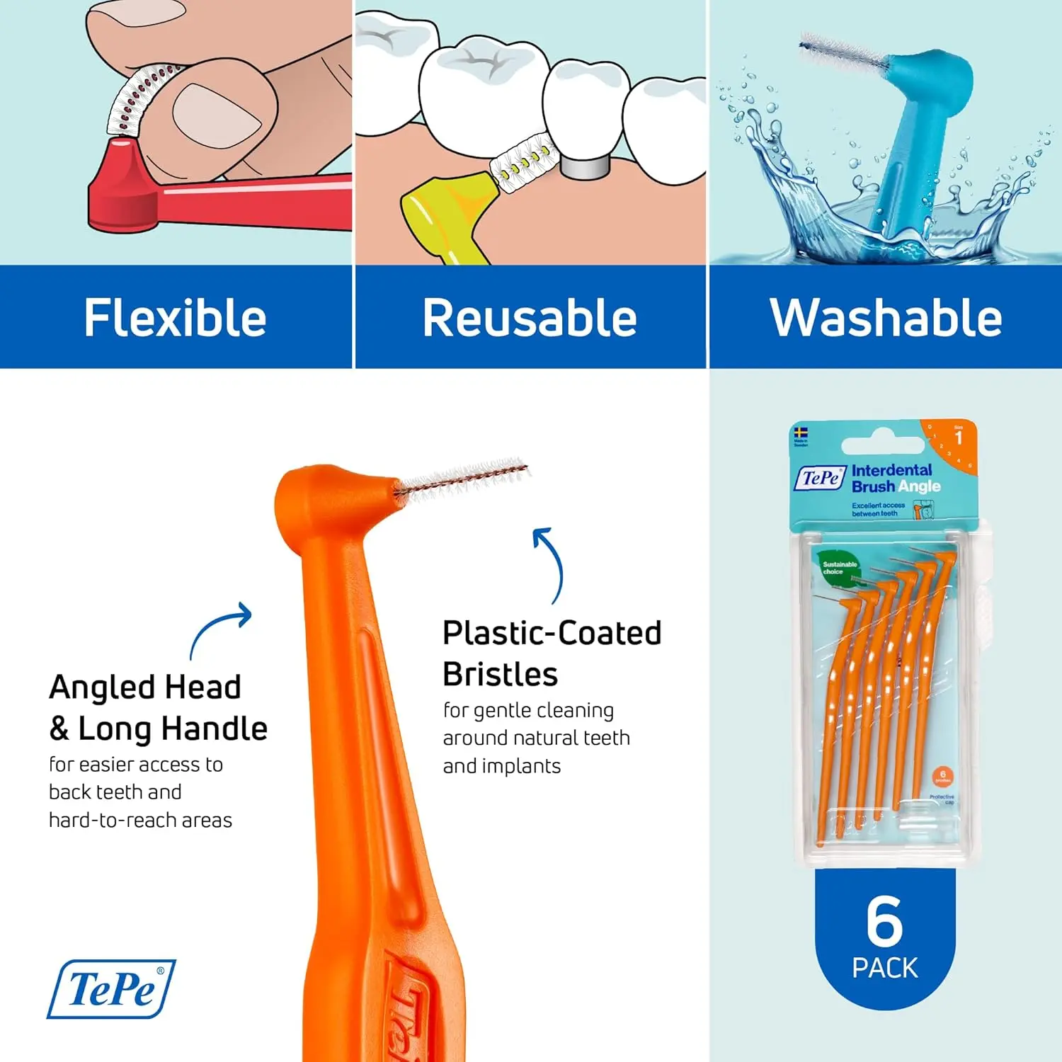 Tepe Angle interdental brushes with long handle and pre-angled head for better access and gentle cleaning to safeguard against gum inflammation and bad breath.