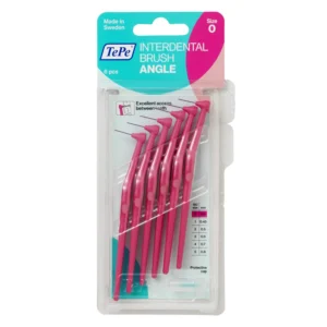 Tepe angled pink interdental brushes size 0 (0.4mm) with a long handle and angled brush head for effective plaque removal between teeth, especially in hard-to-reach posterior areas, providing a stable grip and controlled cleaning.
