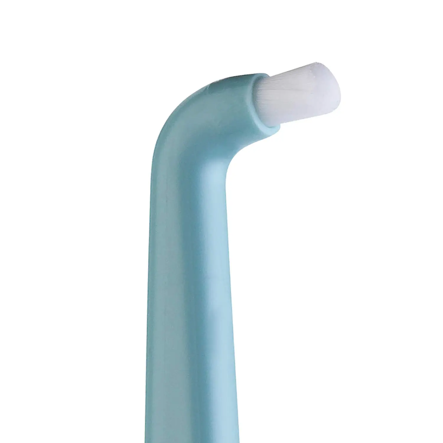 A close-up of the TePe Compact Tuft Brush, a small, angled toothbrush with soft, round bristles, designed for cleaning around implants, bridges, and braces.