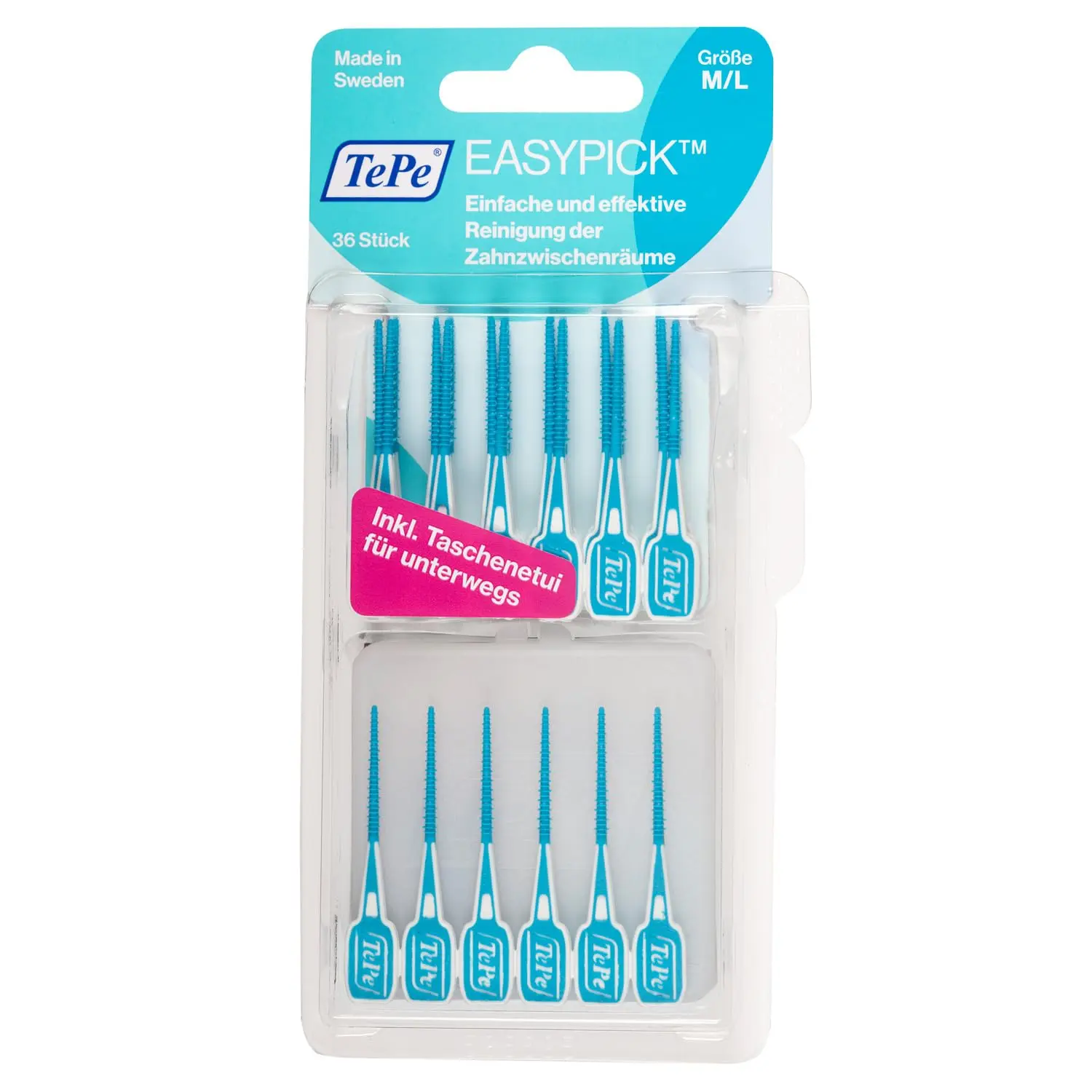 A pack of 36 blue TePe EasyPick interdental brushes, size medium/large, designed for easy and effective cleaning between teeth to maintain fresh and healthy oral hygiene, even on the go.