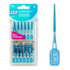 Blue TePe EasyPicks M/L dental floss picks for cleaning between teeth, braces, implants, and crowns, recommended by dentists for daily oral hygiene.