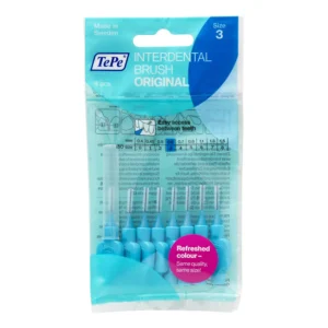 TePe blue interdental brush for plaque removal and cleaning between teeth, suitable for small gaps, promoting healthier gums and fresher breath.
