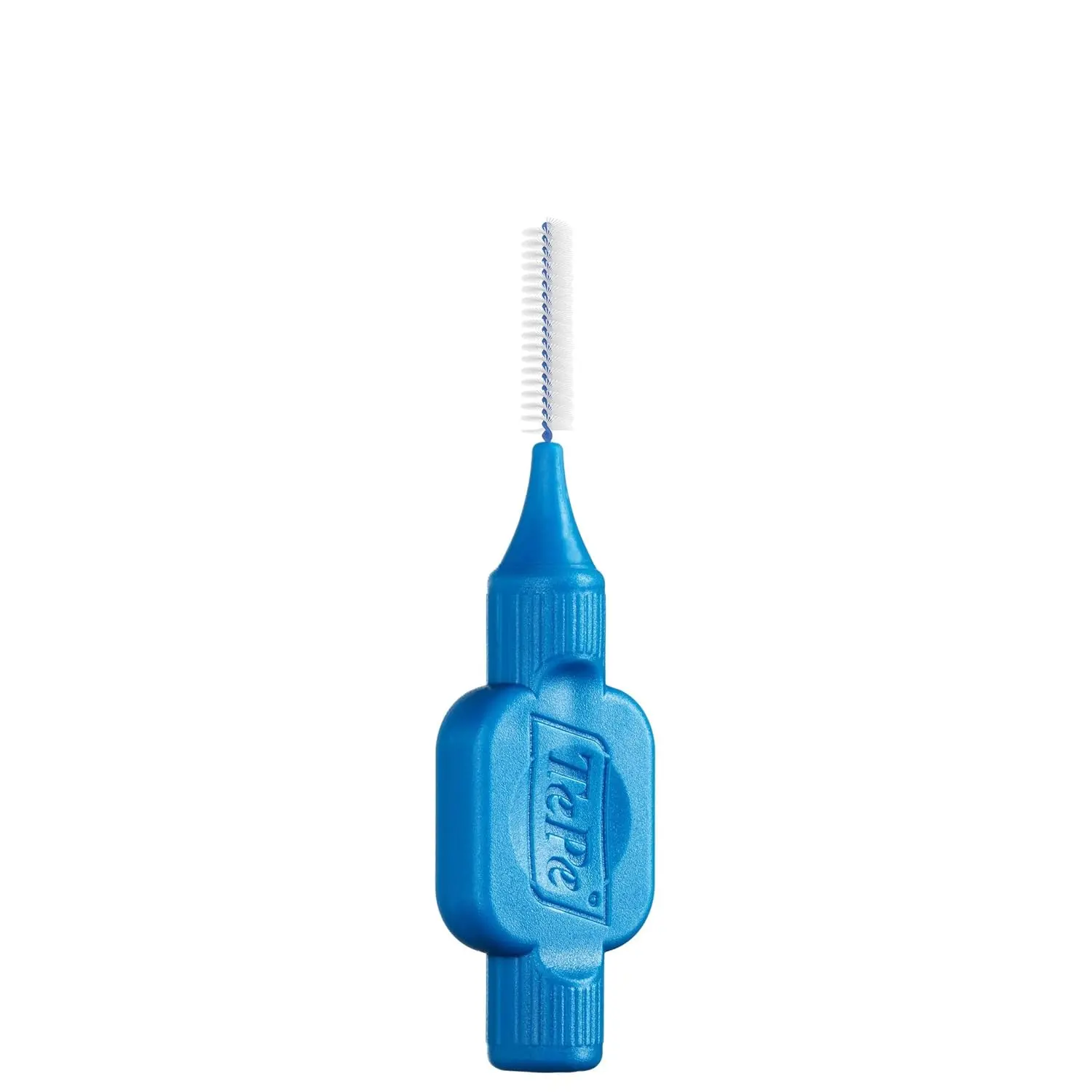 A pack of 25 blue TePe interdental brushes with plastic coated wires and an ergonomic handle, designed for cleaning between teeth with improved access and durability.