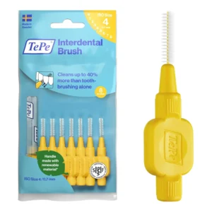 A pack of eight yellow TePe interdental brushes, size 0.7mm, for cleaning small gaps between teeth.