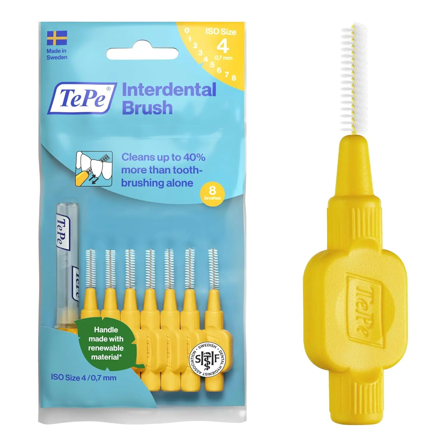A pack of eight yellow TePe interdental brushes, size 0.7mm, for cleaning small gaps between teeth.