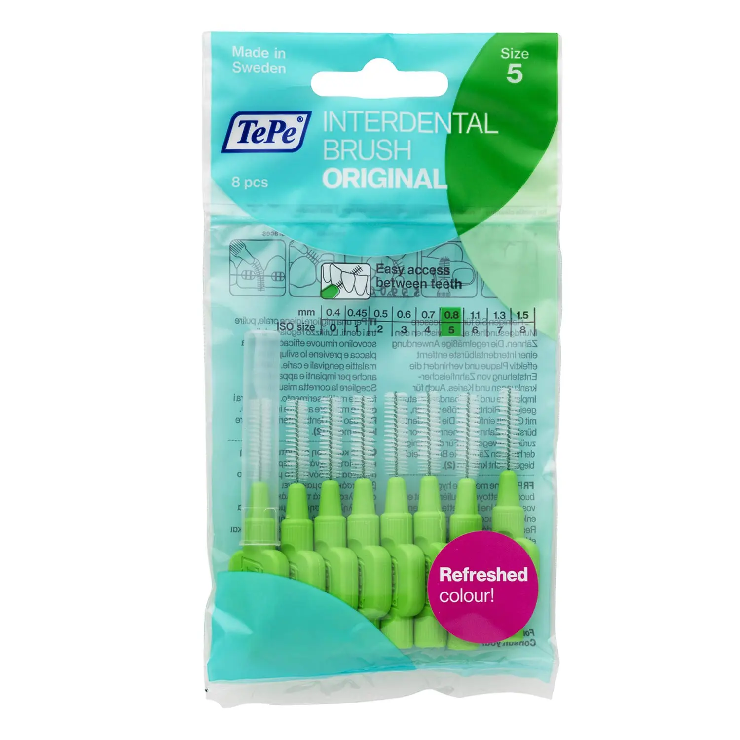 A pack of eight yellow TePe interdental brushes, size 0.7mm, for cleaning small gaps between teeth.