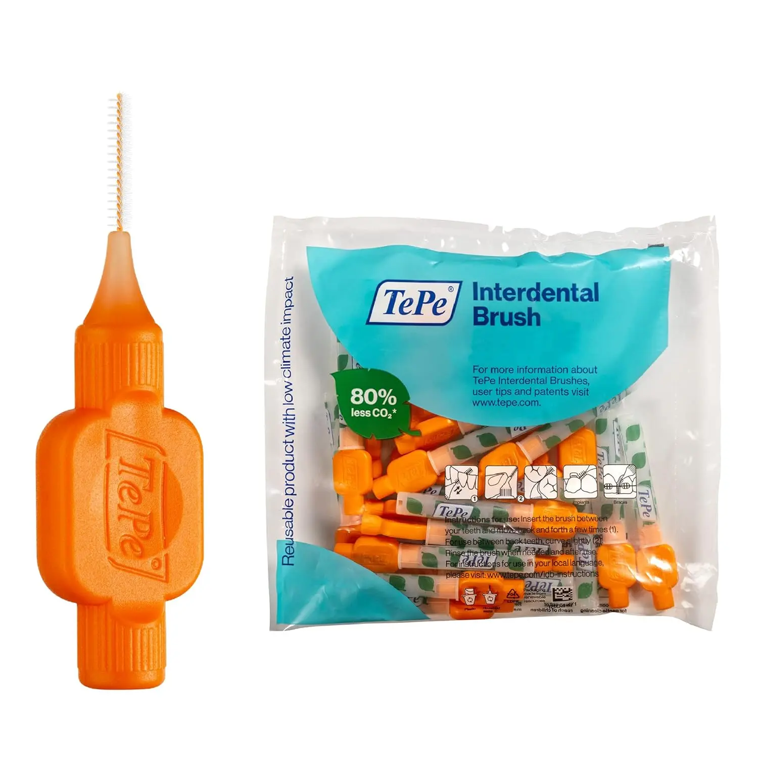 A pack of 25 TePe Original interdental brushes in orange, sized 0.45mm, designed for gentle and effective cleaning between teeth, promoting healthy gums and preventing bad breath.