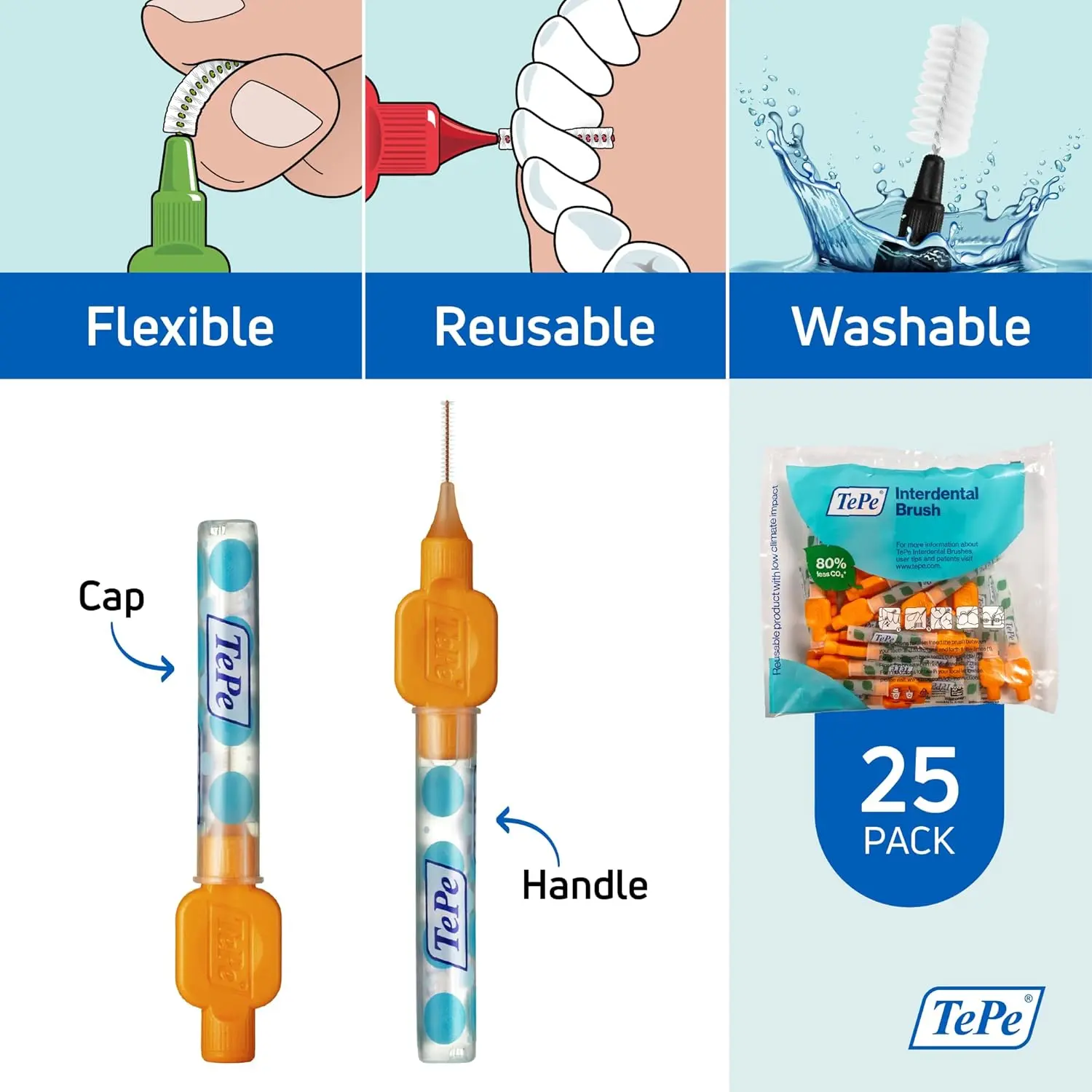 A pack of 25 TePe Original interdental brushes in orange, sized 0.45mm, designed for gentle and effective cleaning between teeth, promoting healthy gums and preventing bad breath.