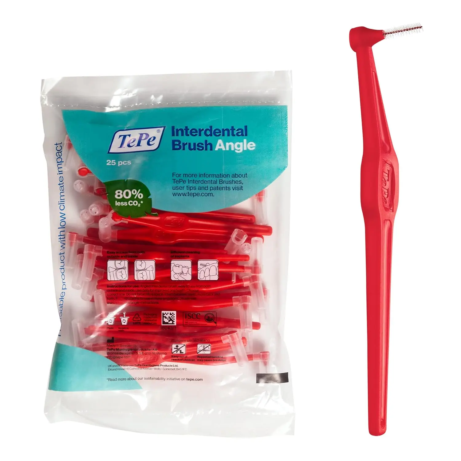 A pack of 25 red TePe interdental brushes with a 0.5 mm size, featuring plastic-coated wire for gentle cleaning between teeth and around implants, with an ergonomic handle for controlled use and flexible brush neck for better access.