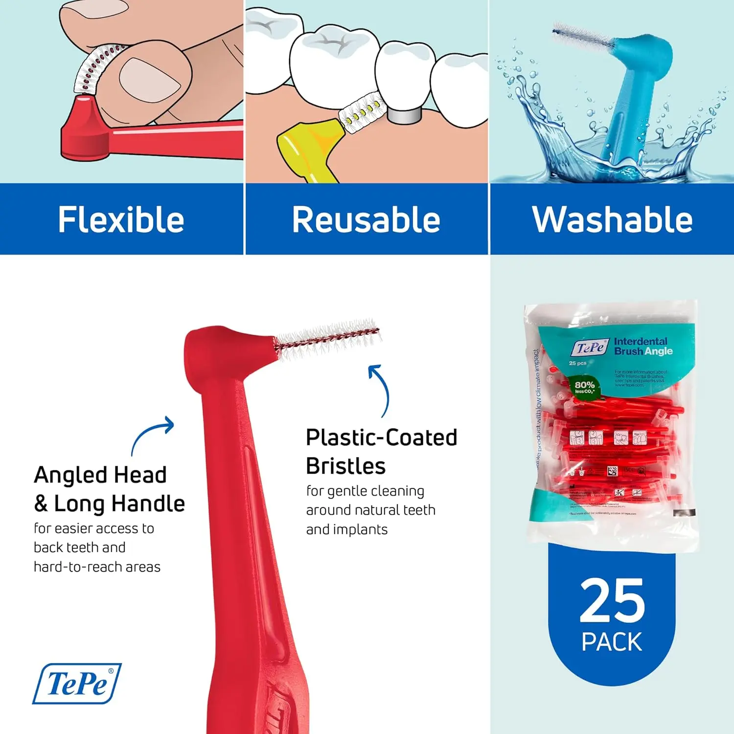 A pack of 25 red TePe interdental brushes with a 0.5 mm size, featuring plastic-coated wire for gentle cleaning between teeth and around implants, with an ergonomic handle for controlled use and flexible brush neck for better access.