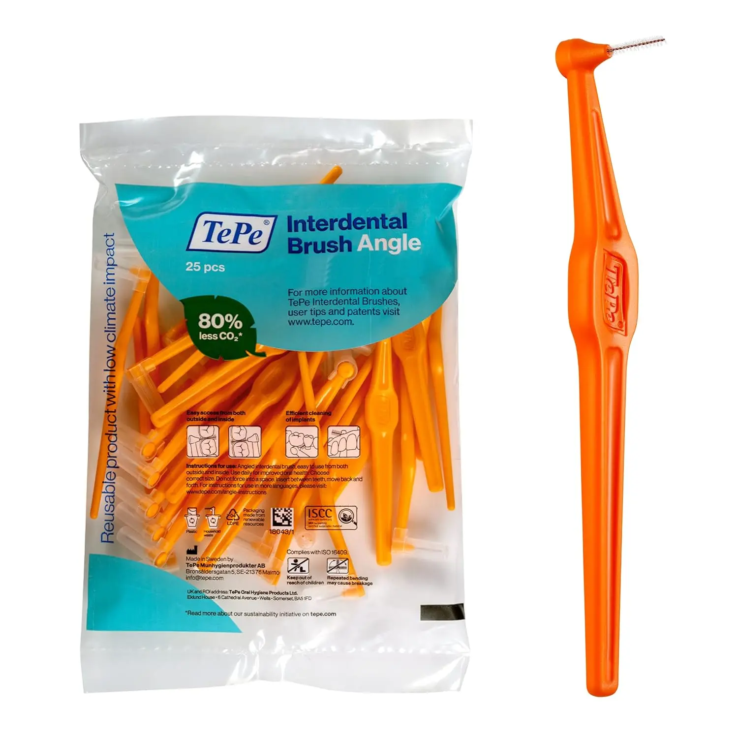 A pack of 25 red TePe interdental brushes with a 0.5 mm size, featuring plastic-coated wire for gentle cleaning between teeth and around implants, with an ergonomic handle for controlled use and flexible brush neck for better access.
